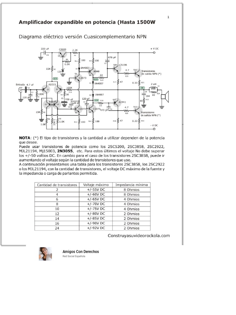 Amplificador Expandible en Potencia (Hasta 1500W. Diagrama Eléctrico