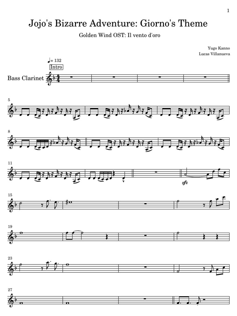 Jojo's Bizarre Adventure Giorno's Theme Bass PDF