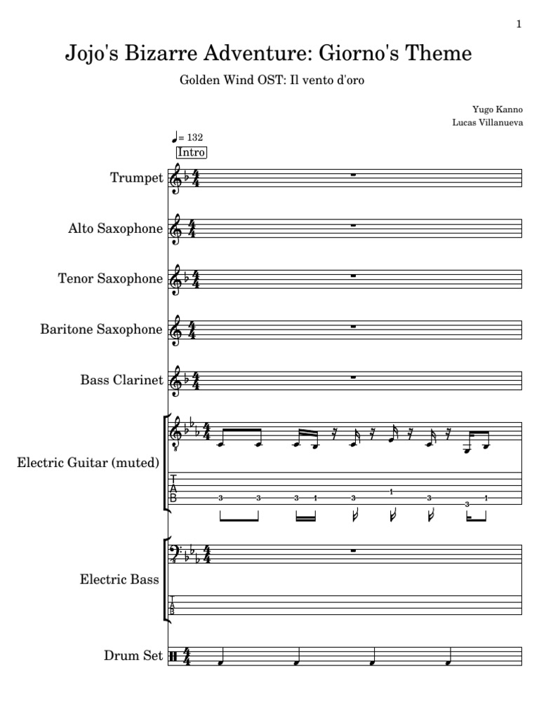 Jojo's Bizarre Adventure Giorno's Theme PDF Saxophone Sound