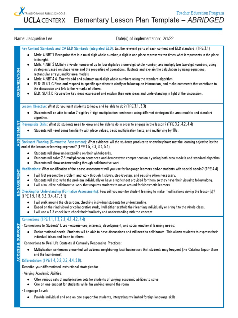 Area Model Multiplication Lesson Plan | PDF | Learning | Multiplication