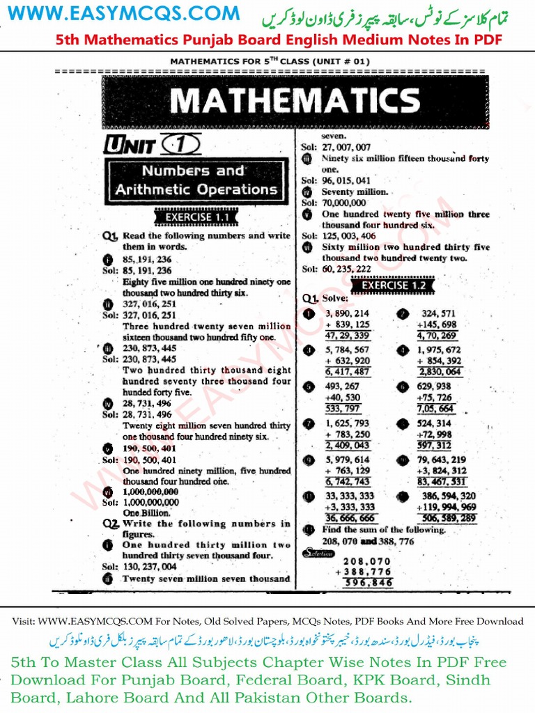 5th Mathematics Notes EM Unit 1 | PDF