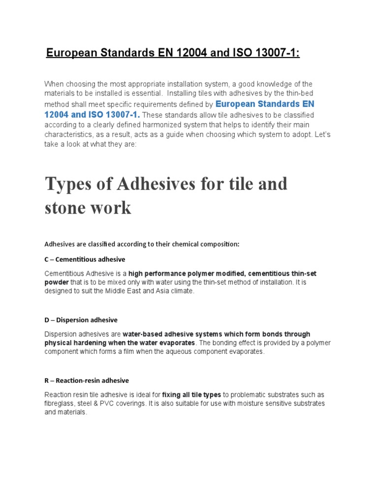 Types of Adhesives For Tile and Stone Work European Standards EN 12004
