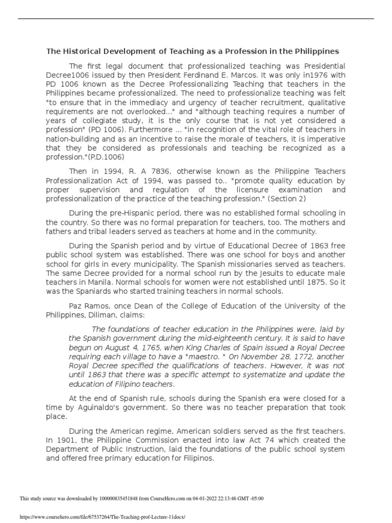 Evolution of Teaching Profession in the Philippines | PDF | Teachers ...