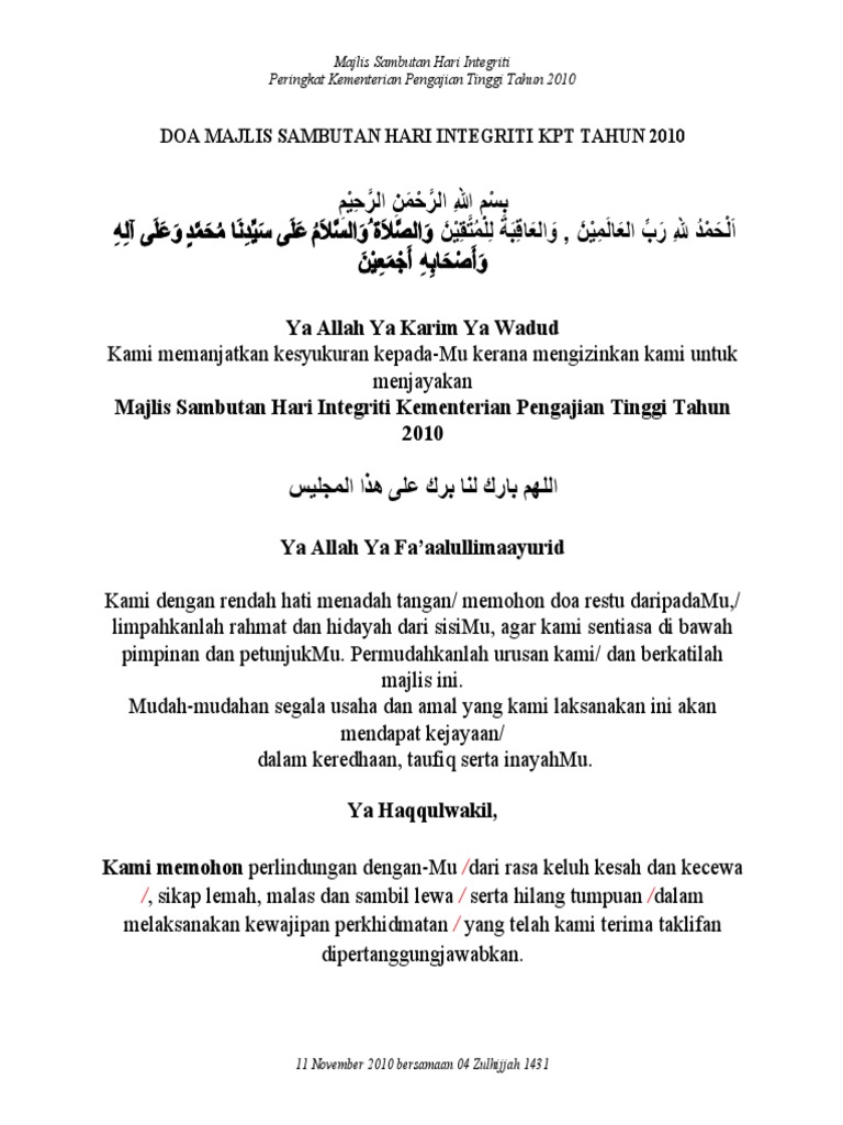 Doa Majlis Sambutan Integriti Kpt Terbaru 2010