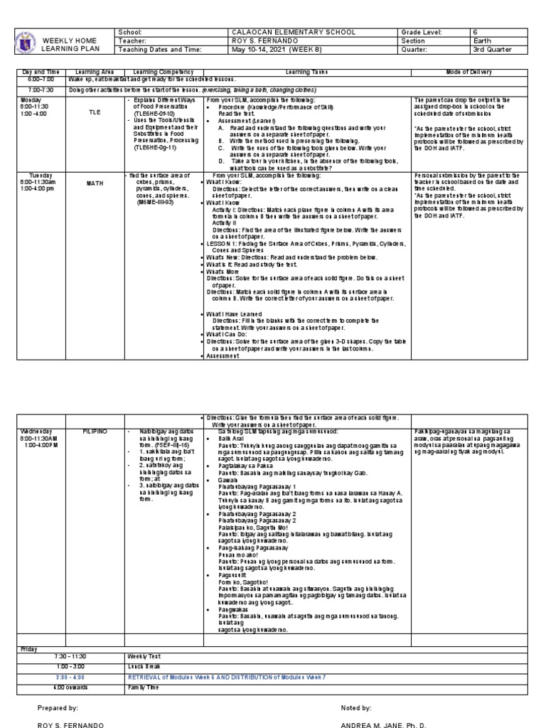 School grade level teacher section teaching dates and time quarter