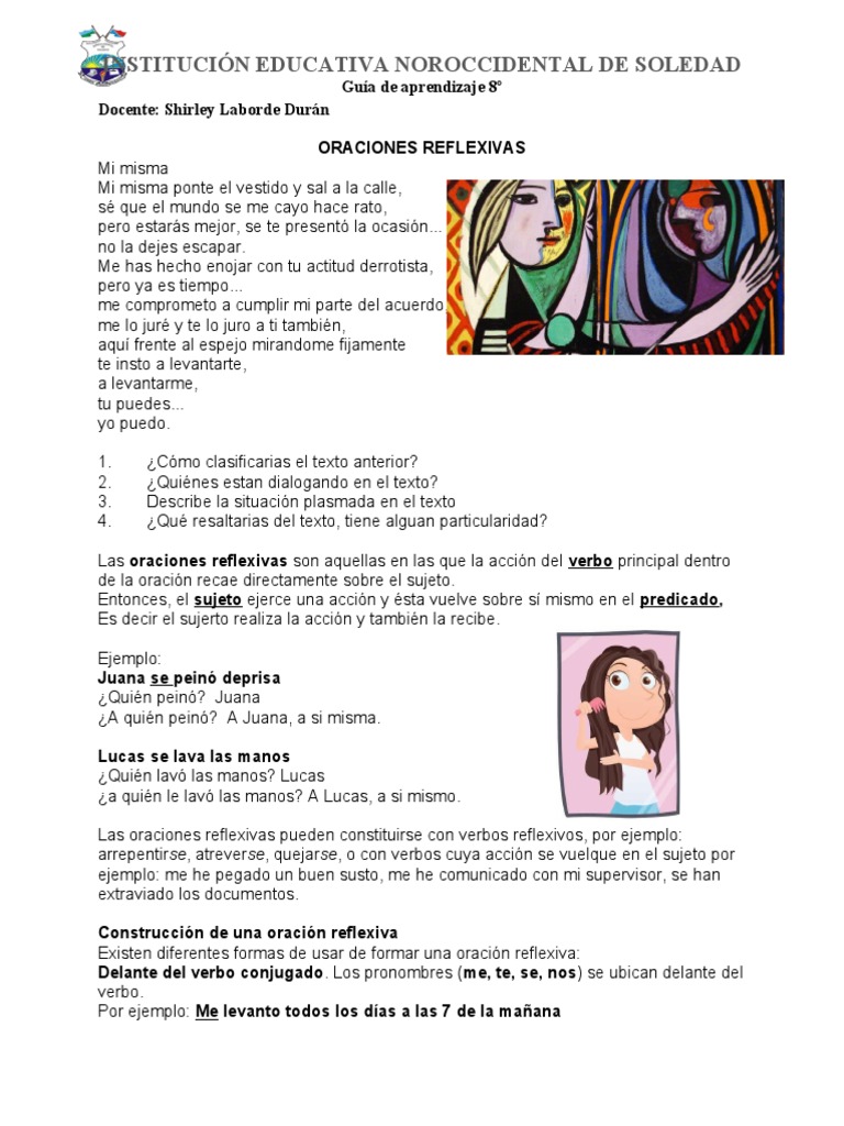 Guía de Aprendizaje No. 06 ORACIONES REFLEXIVAS | PDF | Verbo | Ciencia ...