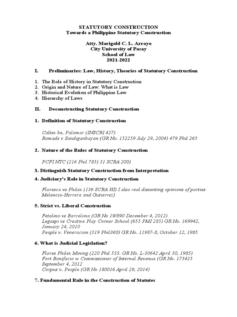 STATUTORY CONSTRUCTION. Outline of Topics With Cases. 2021 2022 | PDF ...