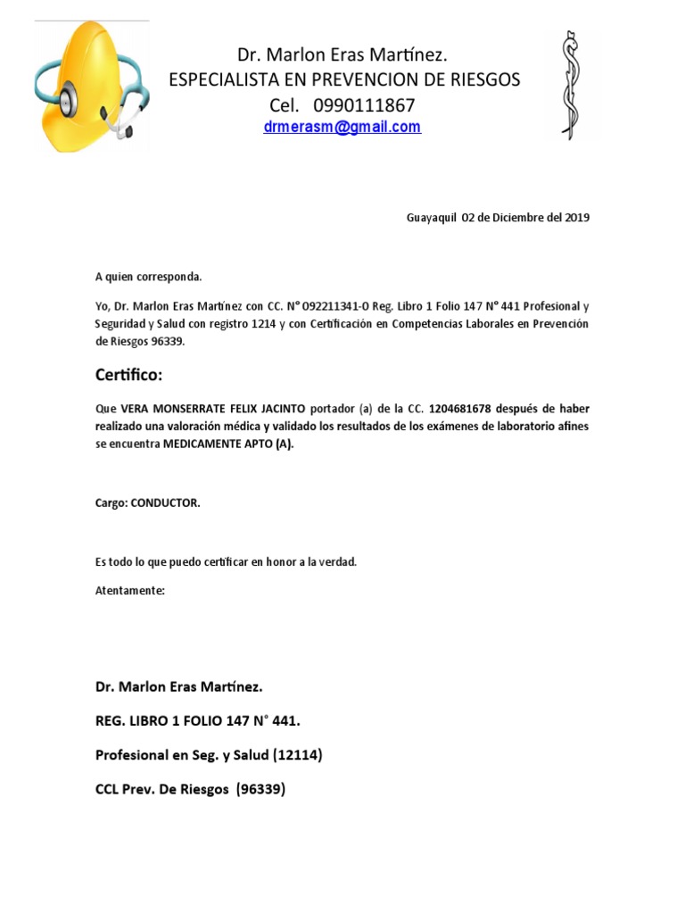 MODELO Certificado de Aptitud Médica Laboral | PDF