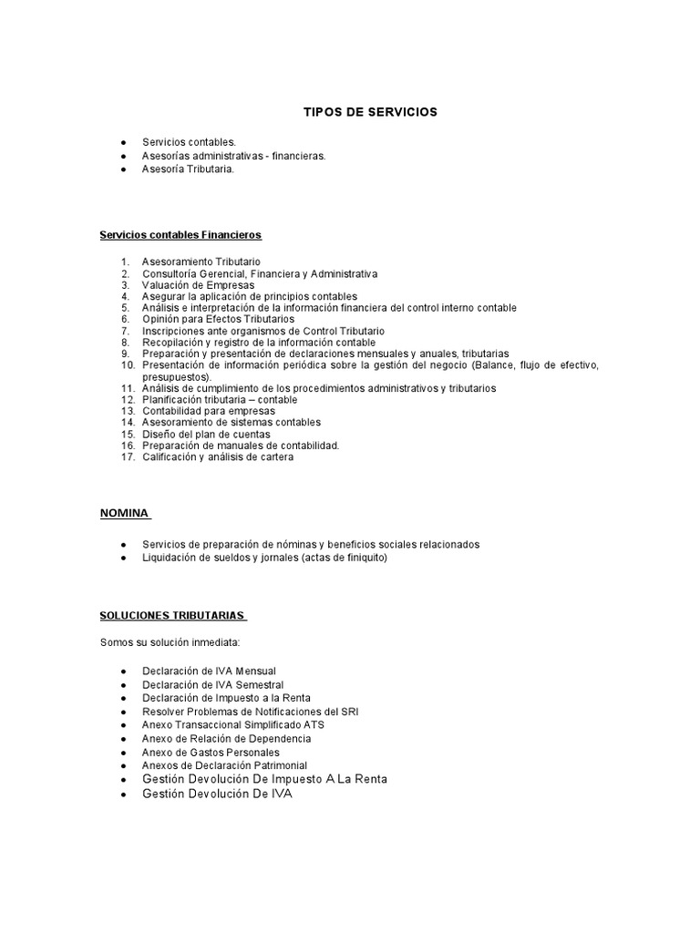 Tipos de Servicios Contables Financieros y Tributarios | PDF | Finanzas ...