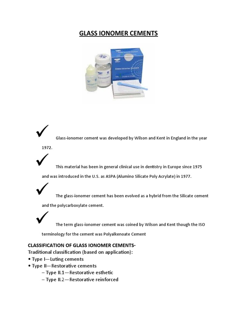 Classification of Glass Ionomer Cements PDF Dentistry Branches