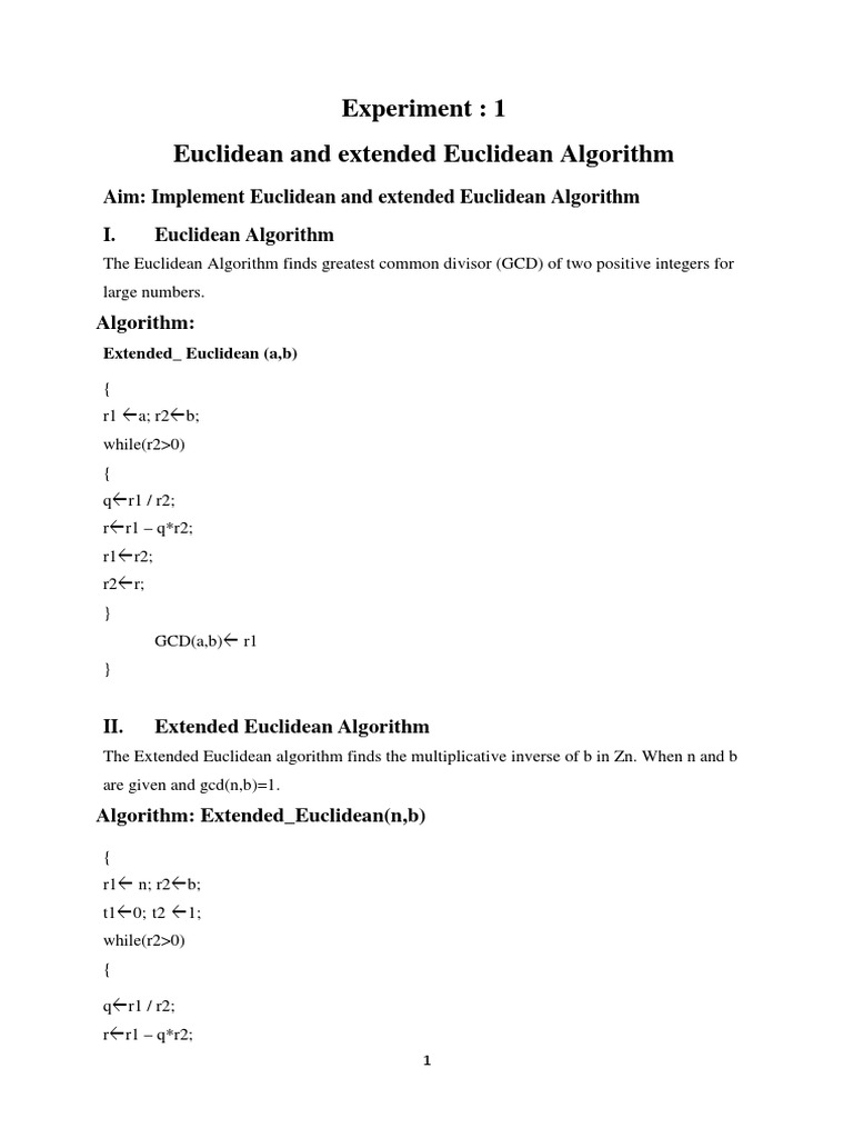 Experiment: 1 Euclidean and Extended Euclidean Algorithm | PDF | Key ...