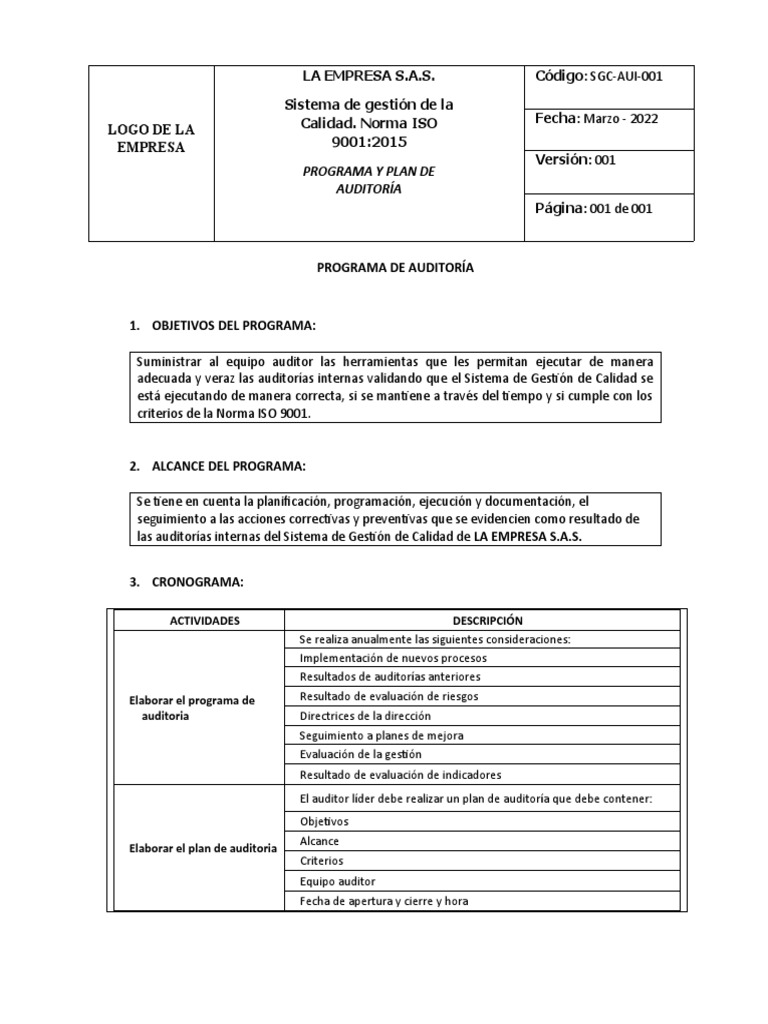 Programa y Plan de Auditoría ISO 9001 | PDF | Auditoría | Contralor