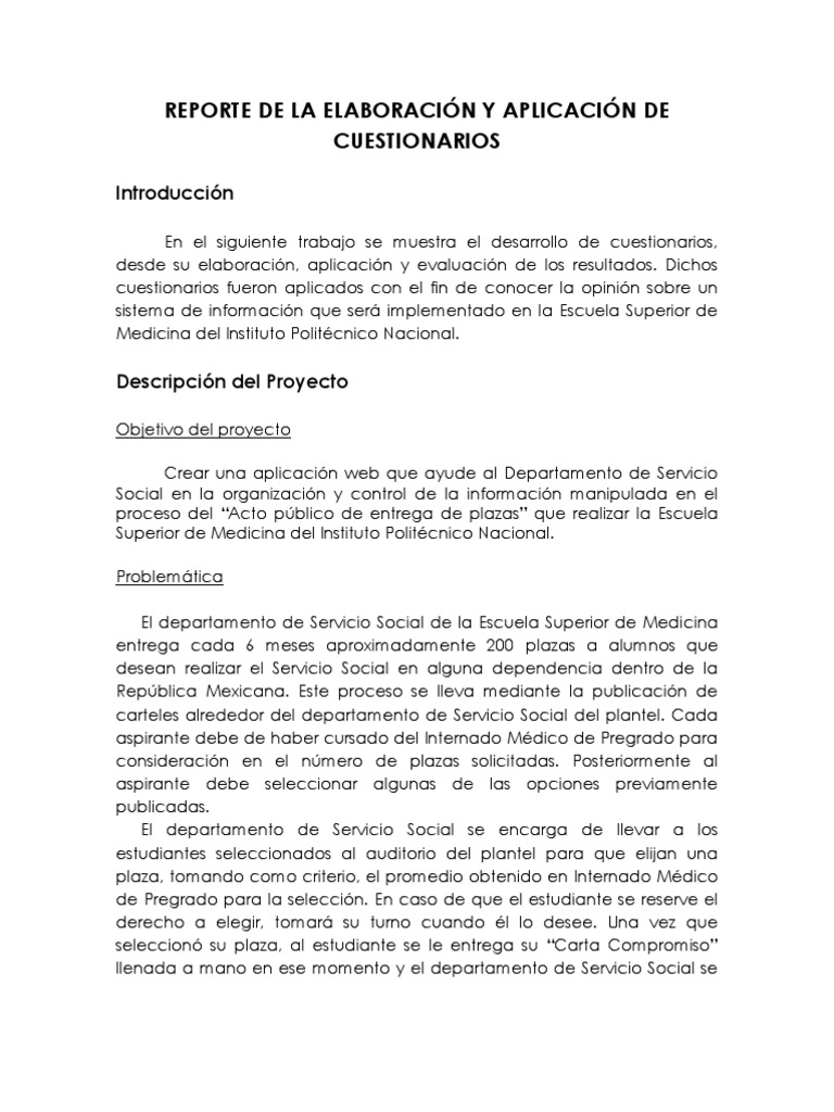 REPORTE DE LA ELABORACIÓN Y APLICACIÓN DE CUESTIONARIOS