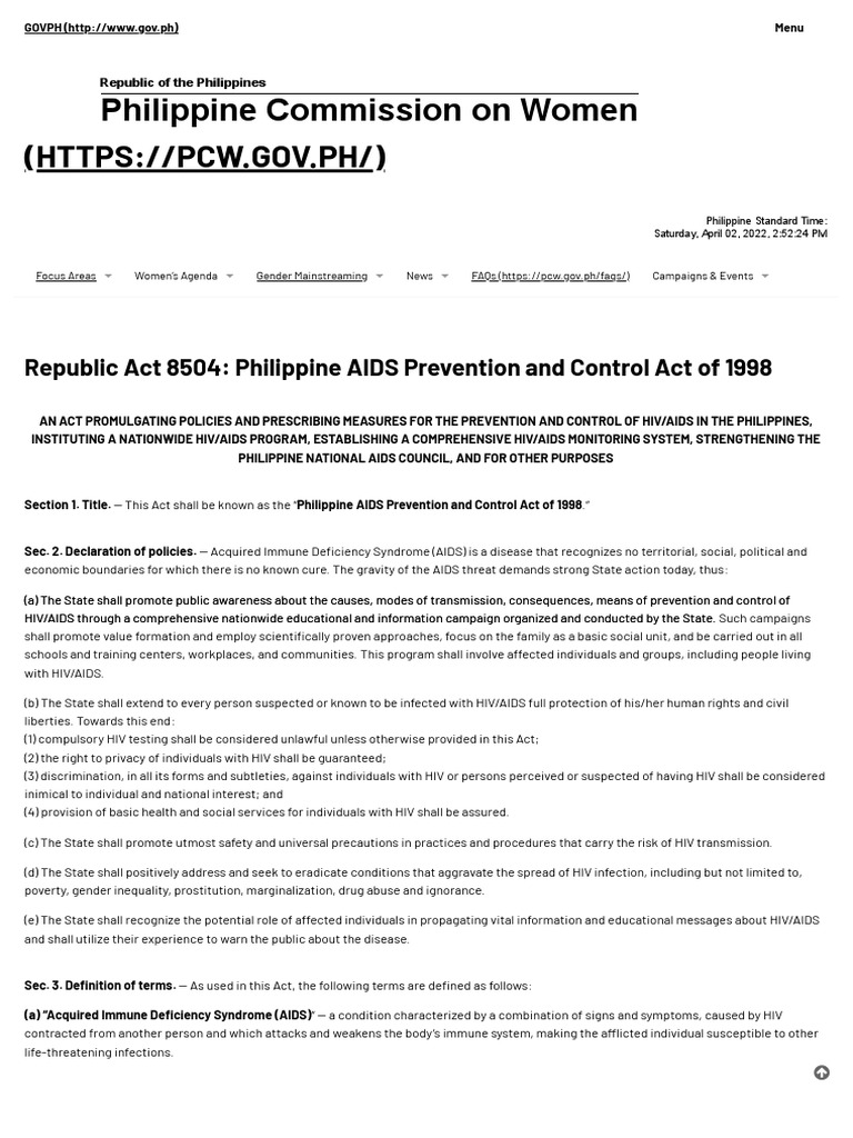 Republic act 8504 philippine aids prevention and control act of 1998
