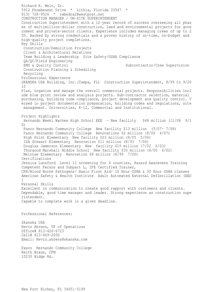 Construction Superintendent | PDF | Engineering | Business