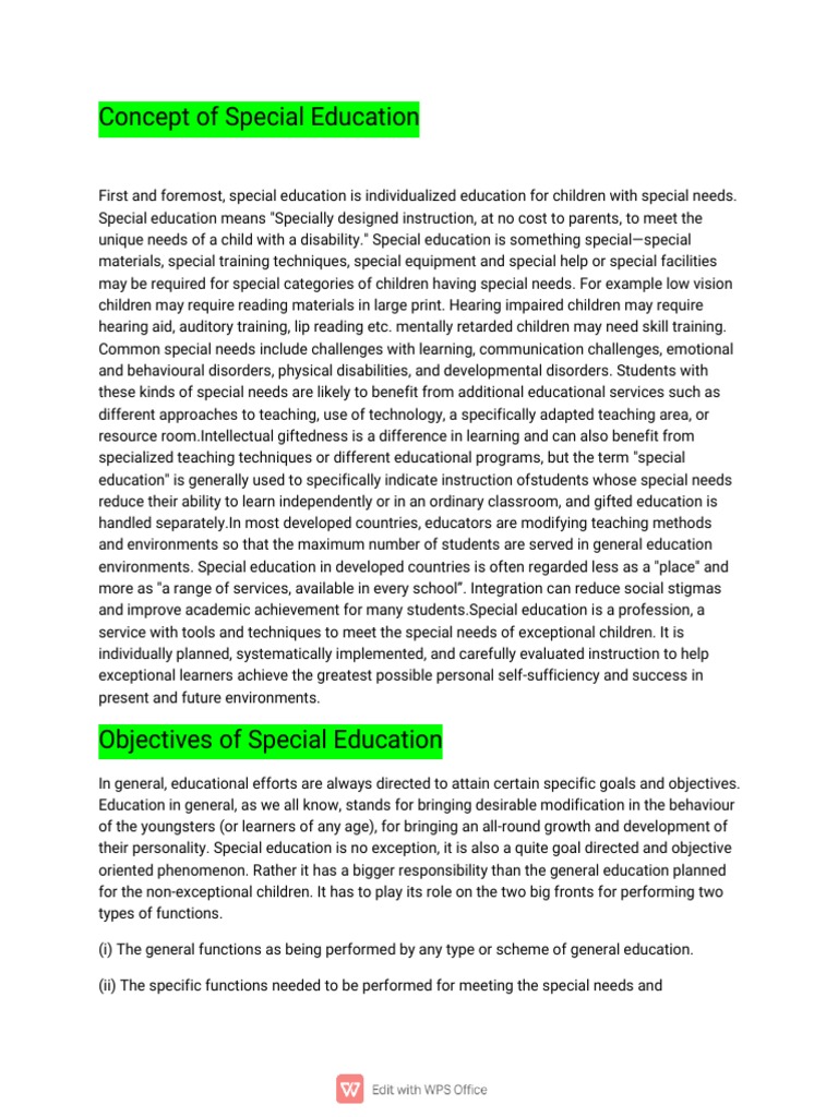 Concept and Objective Objectives of Special Education PDF