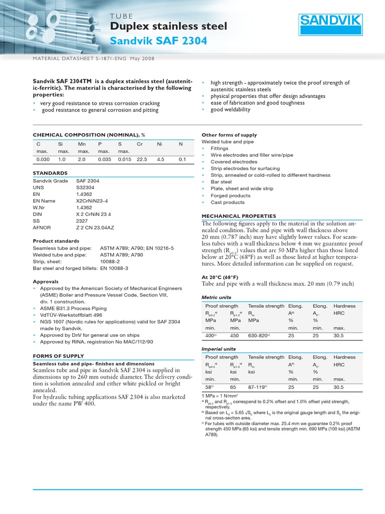 Sandvik SAF 2304: Duplex Stainless Steel | PDF | Stainless Steel | Pipe ...