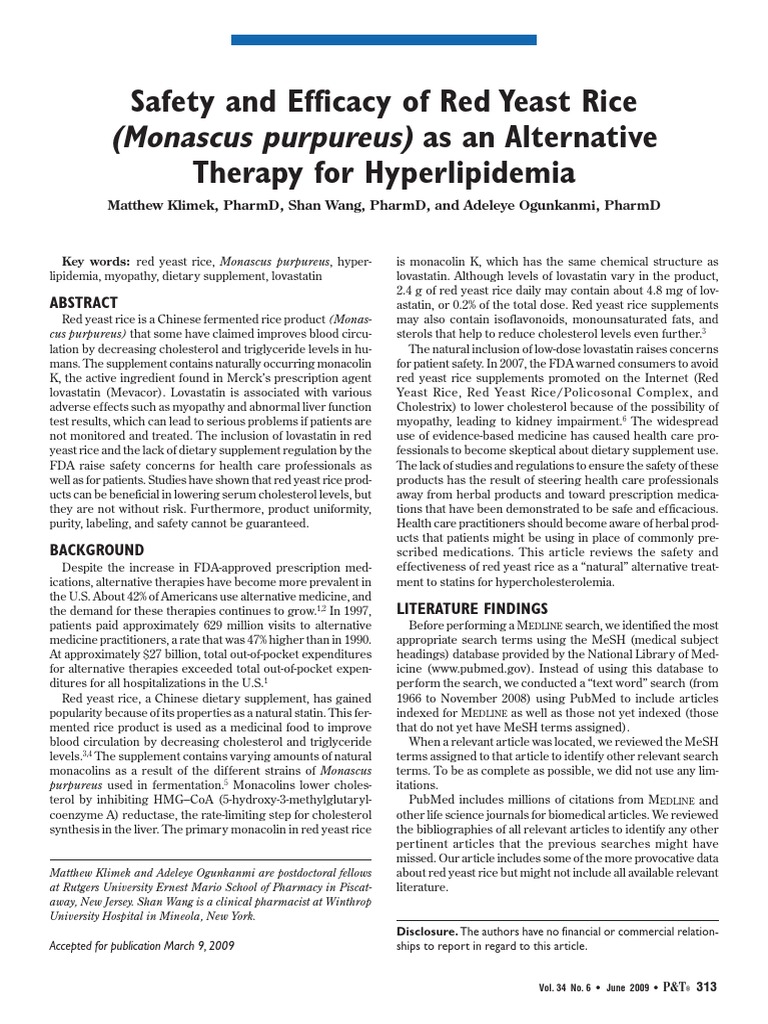 Safety and Efficacy of Red Yeast Rice (Monascus Purpureus) As An