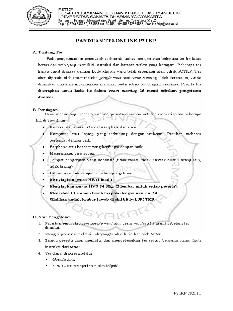 Panduan Tes Online P2TKP USD | PDF | Karier & Perkembangan