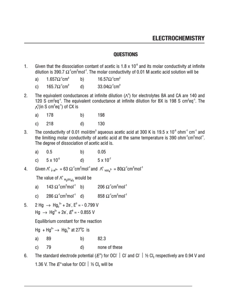 Electrochemistry Practice Questions PDF Redox Electrochemistry