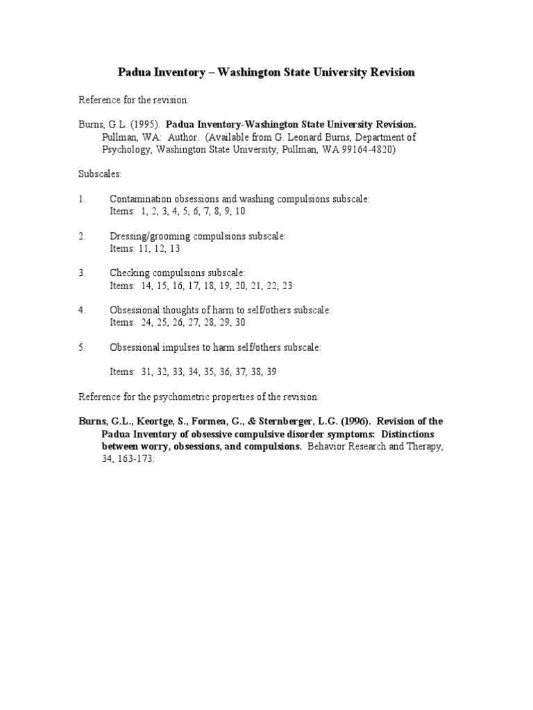 Padua Inventory - Washington State University Revision | PDF ...