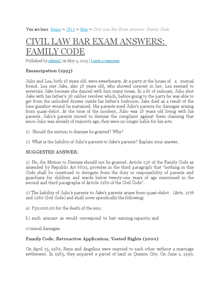 Civil Law Bar Questions and Suggested Answers Download Free PDF