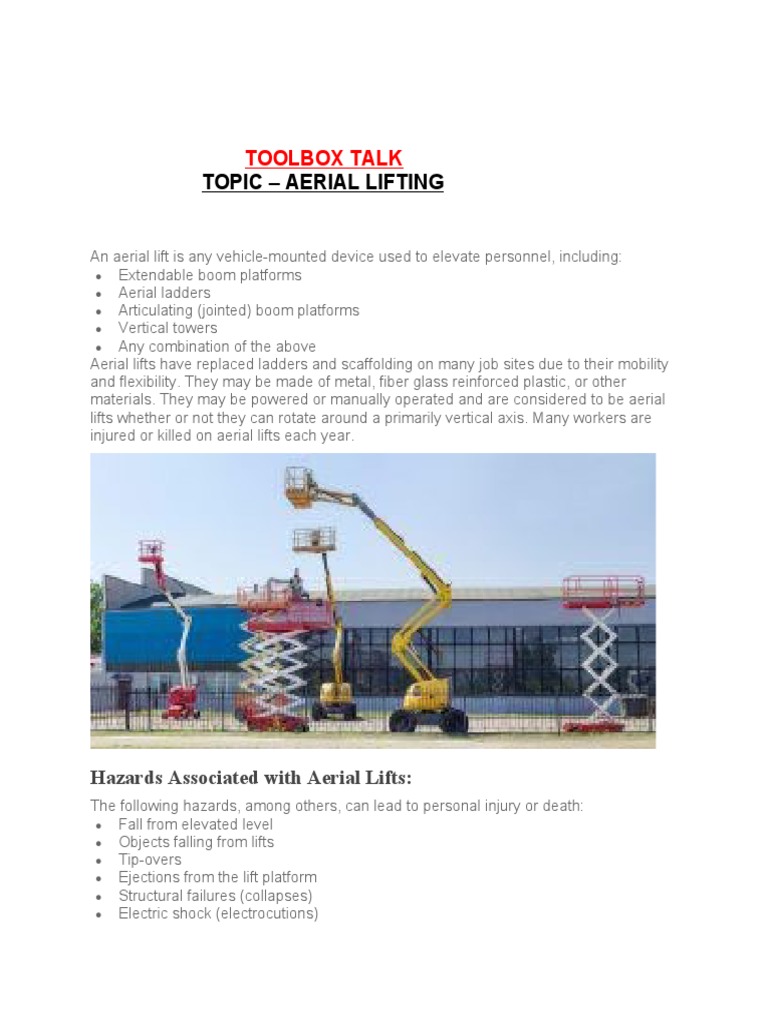 Toolbox Talk Aerial Lifting PDF Elevator Fiberglass