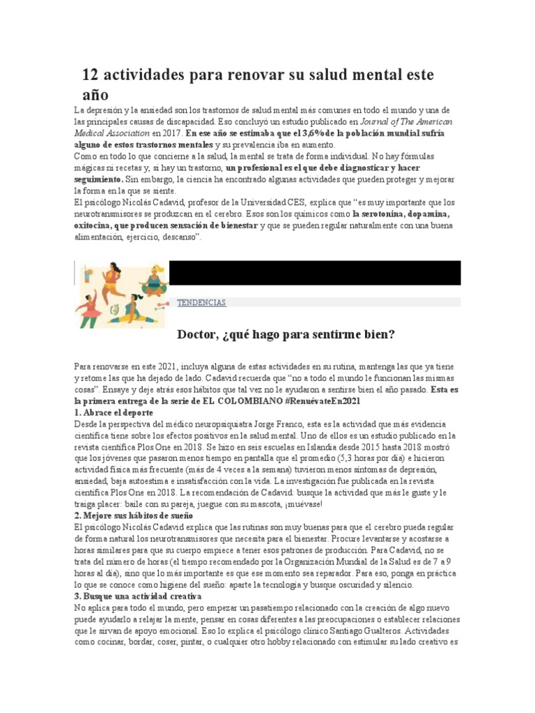 12 Actividades para La Salud Mental 2022 | PDF | Depresión (estado de ...