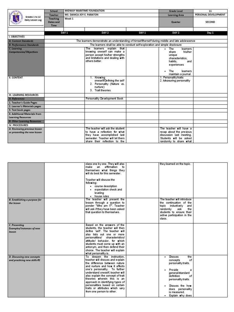 Personal Development-W1S1-2 | PDF | Teachers | Learning