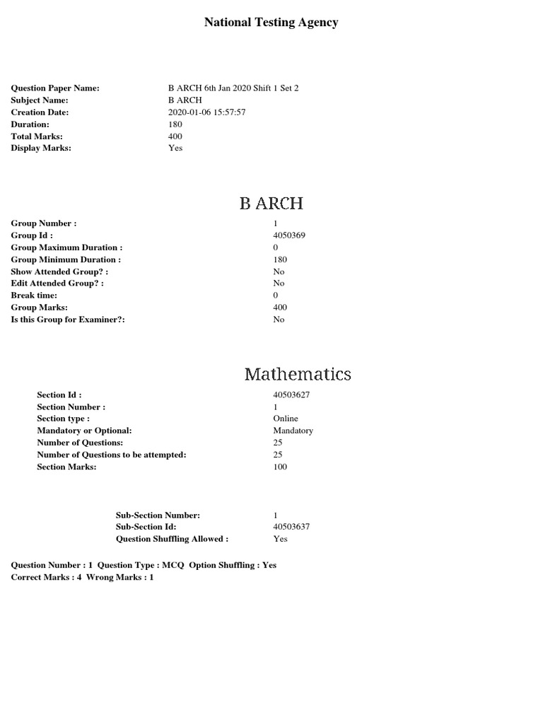 National Testing Agency B ARCH 6th Jan 2020 Shift 1 Set 2 B Arch 20200106 155757 180 400