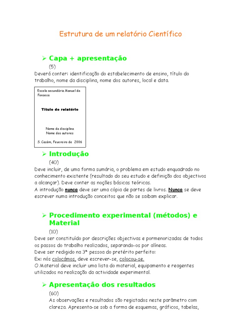Estrutura de um relatório Científico Matéria Ciência