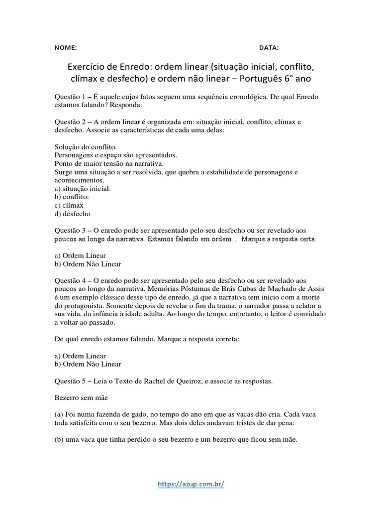 Exercício de Enredo Ordem Linear Situação Inicial Conflito Clímax e ...