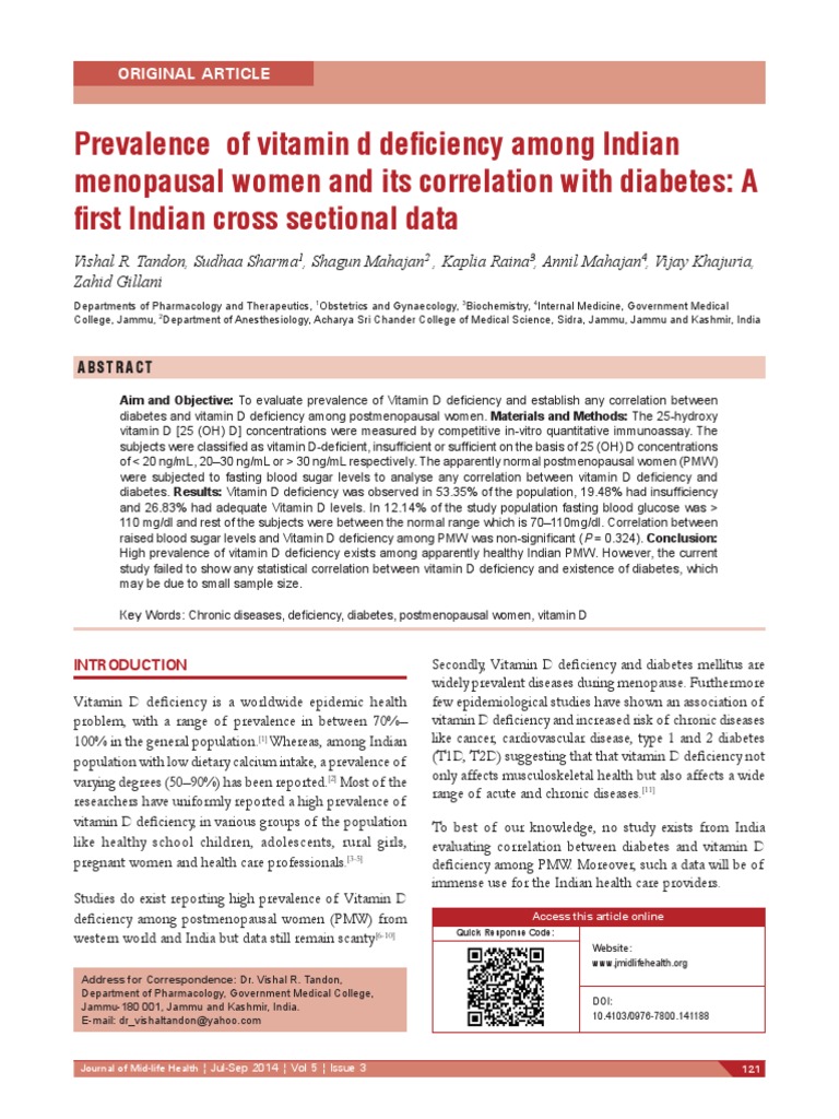 Prevalence of Vitamin D Deficiency Among Indian Menopausal Women and