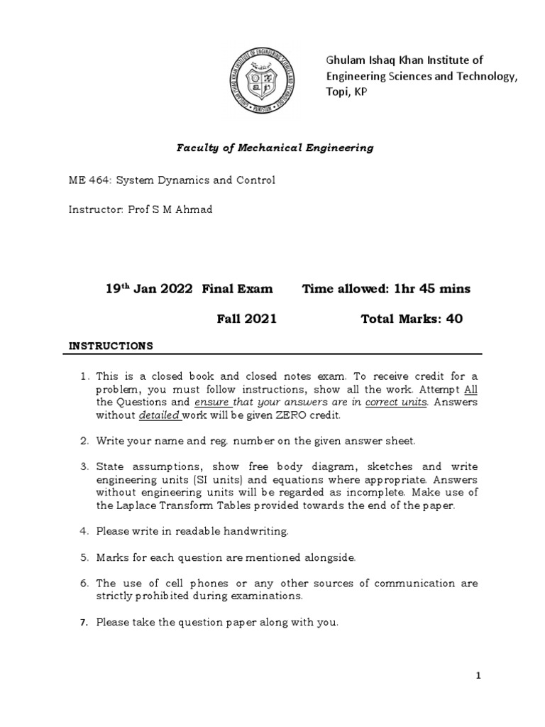 ME 464 Exam Paper Final-Vetted - Copy Student Ver | PDF | Control ...