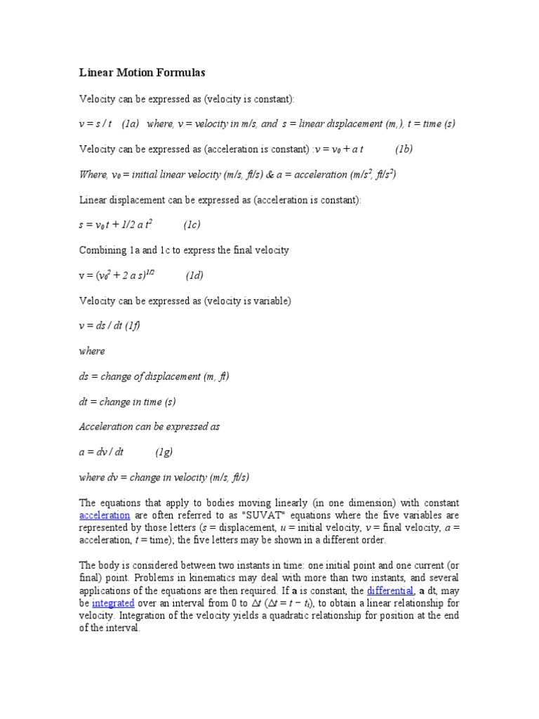 Linear Motion Formulas PDF Velocity Acceleration