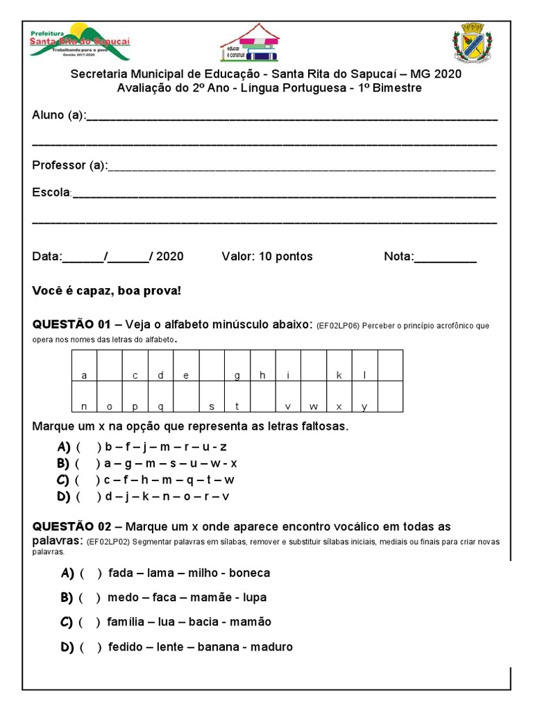Avaliação de Português 2º Ano | PDF | Comunicação humana | Linguística