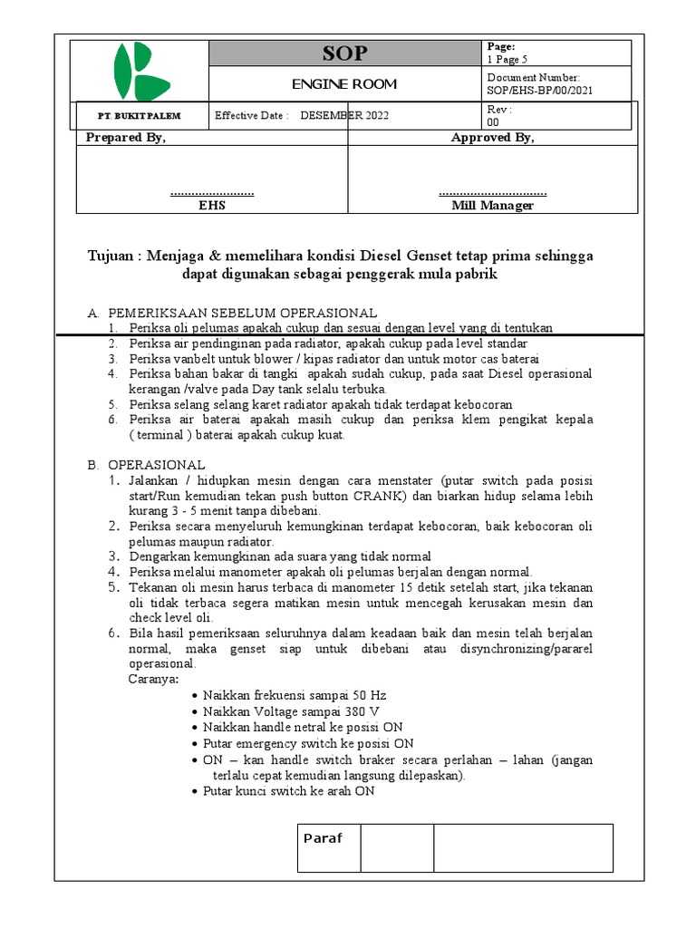 Prosedur Operasional Engine Room | PDF