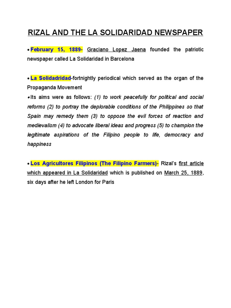Rizal's First Article in La Solidaridad | PDF | History