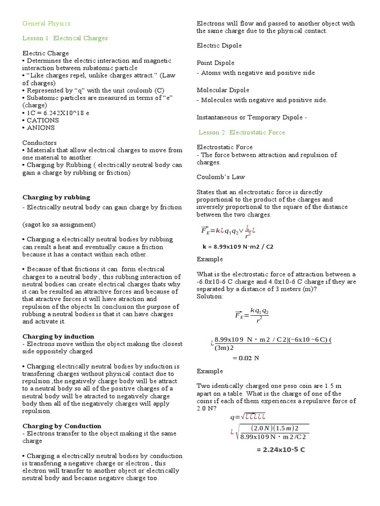 Gerneral Physics Reviewer | PDF | Electric Charge | Electric Field