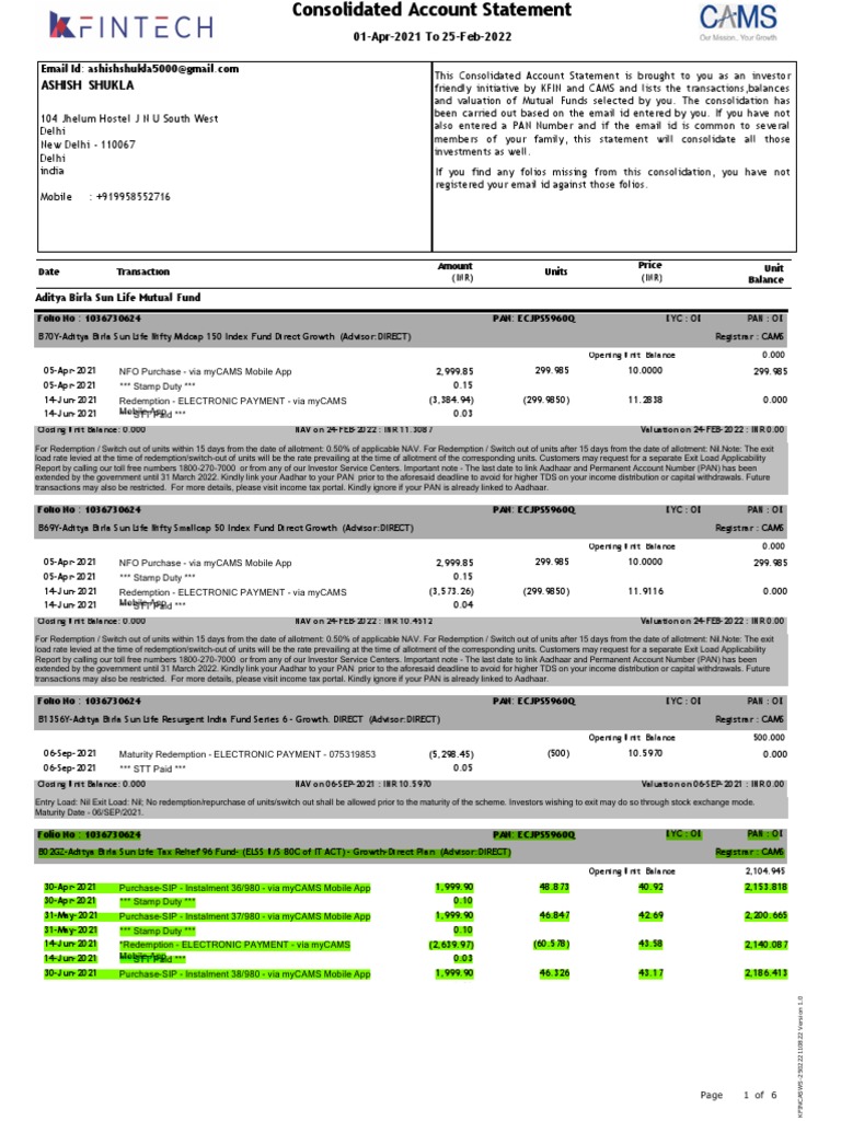 KFIN Consolidated Mutual Fund Statement | PDF | Mutual Funds ...
