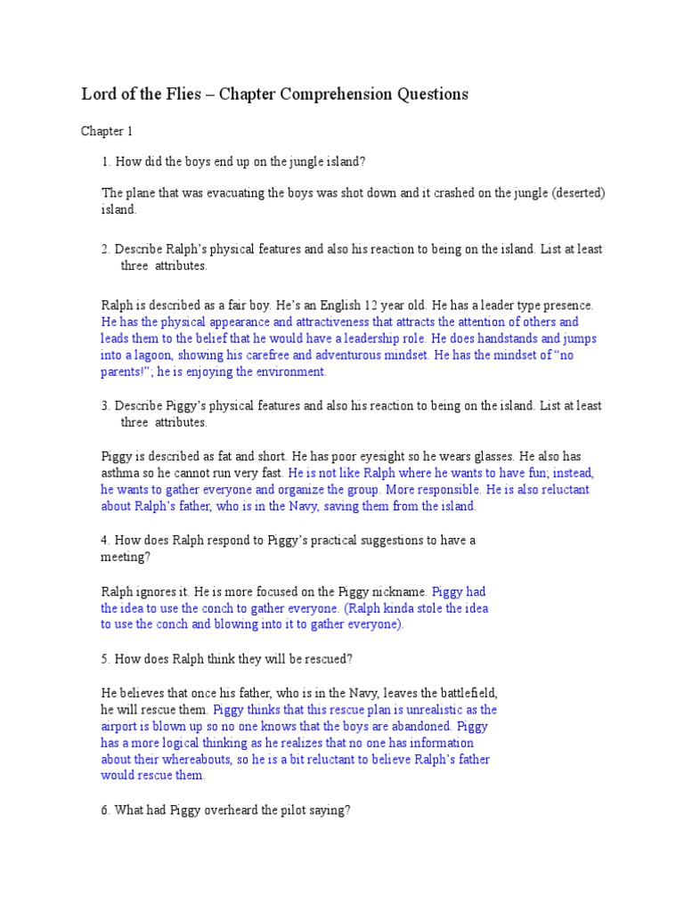 Lord of The Flies Chapter Comprehension Questions PDF