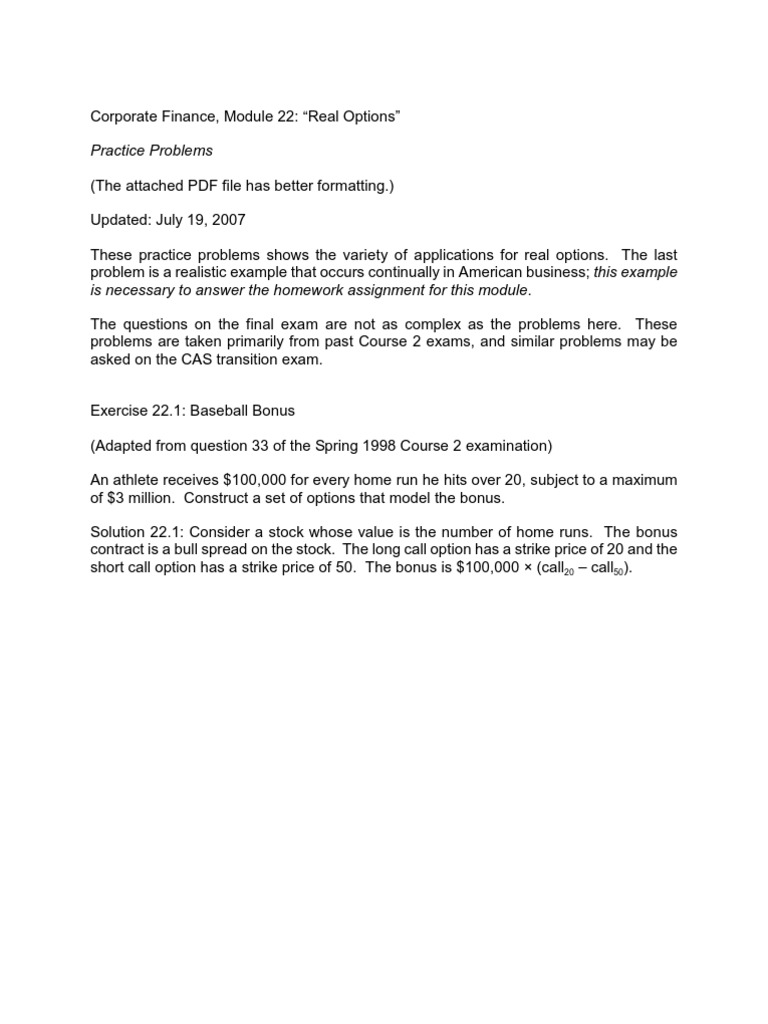 Real Options Practice Problems Guide | PDF | Put Option | Option (Finance)