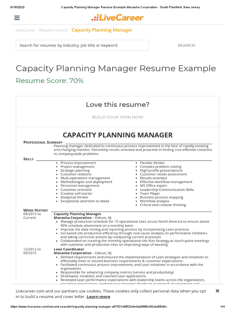 Capacity Planning Manager Resume Example Menasha Corporation - South ...