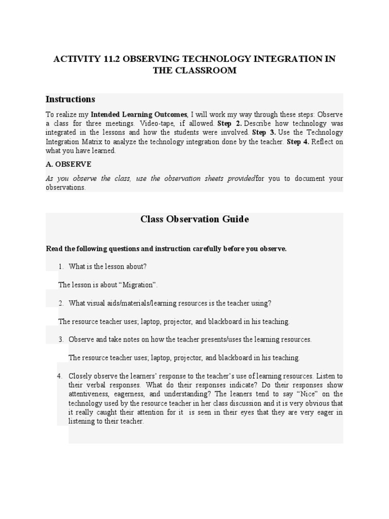 Activity 11.2 Observing Technology Integration in The Classroom ...