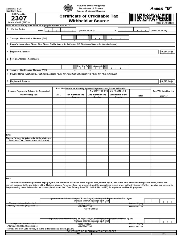 2307 Jan 2018 ENCS v3 Annex B | PDF | Corporate Tax | Value Added Tax