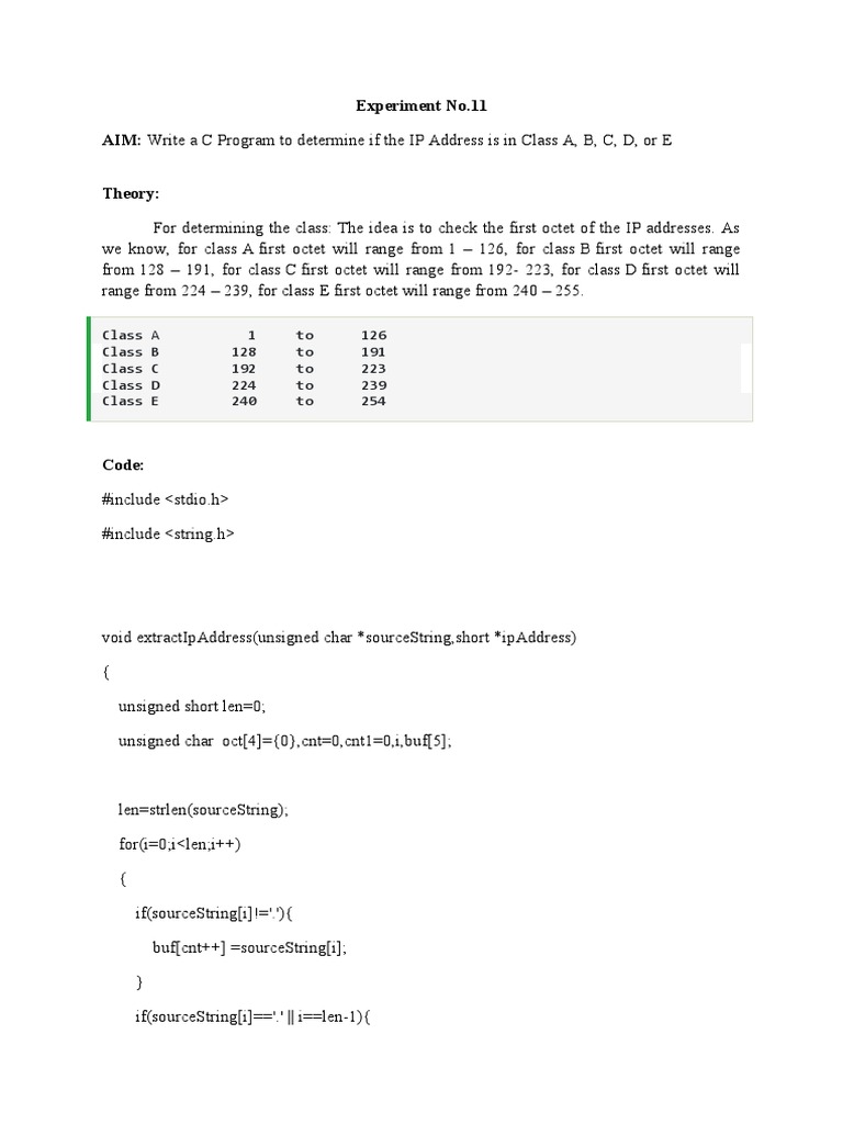 Experiment No.11 AIM: Write A C Program To Determine If The IP Address ...