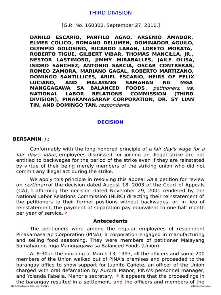 Escario v. NLRC, September 27, 2010 PDF Strike Action Employment