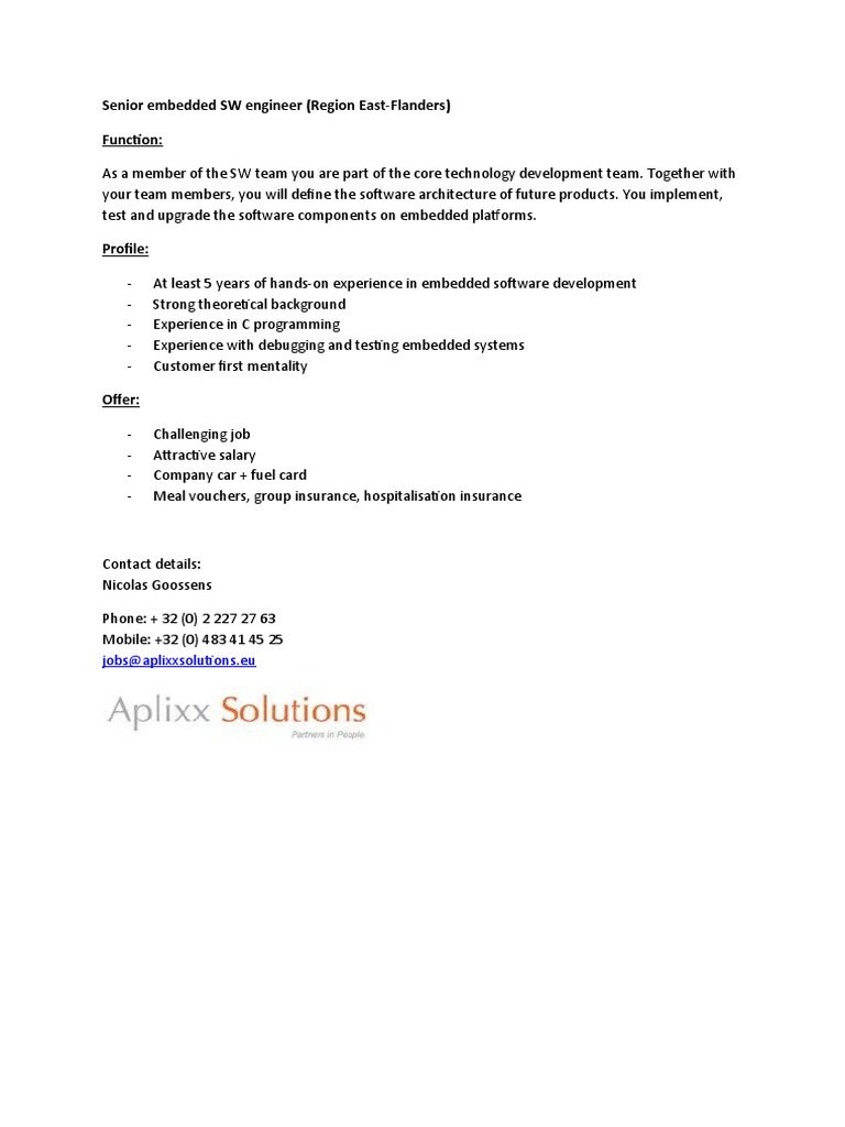 Senior Embedded Software Engineer Role | PDF