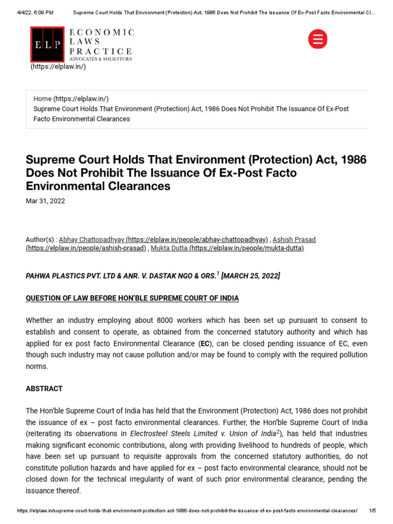 Supreme Court Holds That Environment (Protection) Act, 1986 Does Not Prohibit The Issuance of Ex