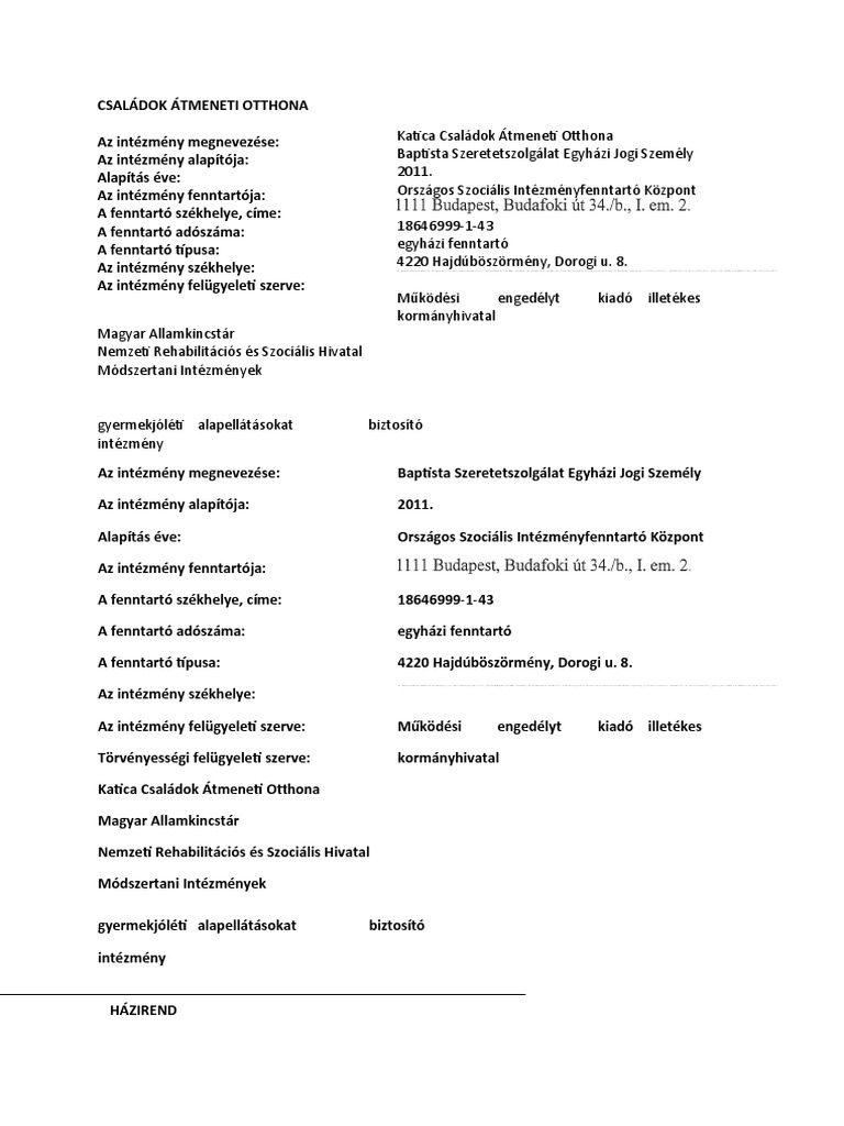 2022.04.04 Családok Átmeneti Otthona Alapító Okirat Házi Napi Rend | PDF